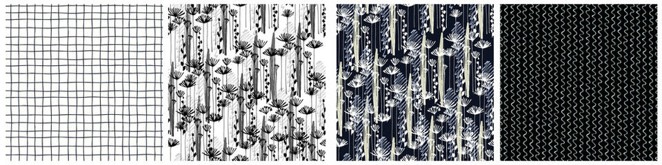 Seamless black and white patterns set with hand drawn Apiaceae flowering plants for surface design and other design projects