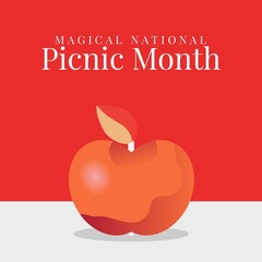 Illustration of apple on table with magical national picnic month text on red background, copy space
