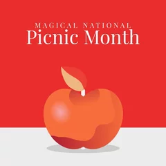  Illustration of apple on table with magical national picnic month text on red background, copy space © vectorfusionart