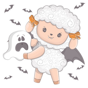 Halloween sheep with a ghost. Vector illustration of Halloween animal. Cute little illustration Halloween lamb for kids, fairy tales, covers, baby shower, textile t-shirt, baby book.
