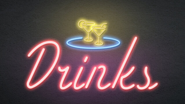 neon sign with message DRINKS  on a dark wall