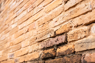Blurred perspective background beside a dilapidated brick wall.