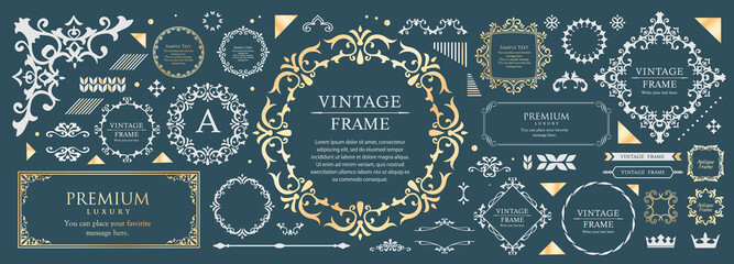 高級感のあるビンテージ調のフレームデザインセット　罫線　枠　ウエディング　ビンテージ　アンティーク	