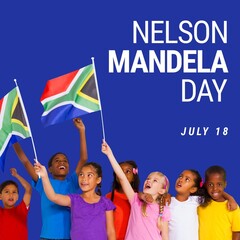 Composite of multiracial children with south african flags and nelson mandela day with july 18 text