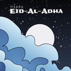 Illustrative image of clouds and moon in starry sky with happy eid-al-adha text, copy space
