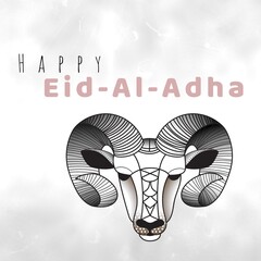Illustrative image of goat head and happy eid-al-adha text on gray and white background, copy space