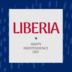 Illustration of liberia happy independence day text with star on white square over blue scribbles