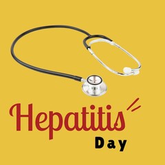 Illustrative image of hepatitis day text with stethoscope on yellow background, copy space