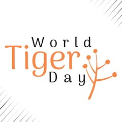 Illustration of world tiger day text with plant and scribbles over white background, copy space