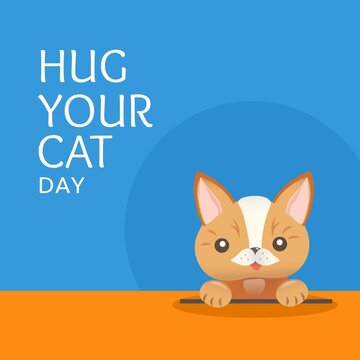 Illustration of hug your cat day text by cat over blue background, copy space