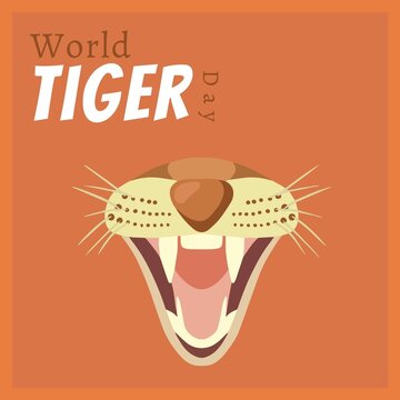 Illustrative image of world tiger day text and tiger mouth against brown background, copy space