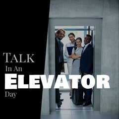 Talk in an elevator day text with smiling multiracial business colleagues in elevator, copy space