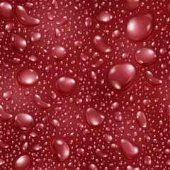 Seamless pattern of big and small realistic water drops in red colors