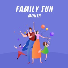 Illustration of parents and children playing with balloons and family fun month text, copy space