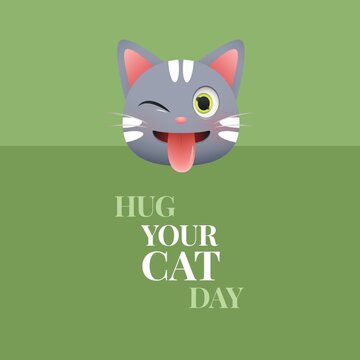Illustration of feline sticking out tongue with hug your cat day text on olive green background