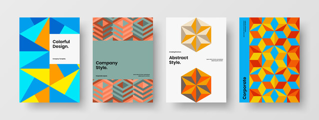 Fototapeta premium Bright geometric shapes annual report layout bundle. Vivid booklet A4 vector design concept set.