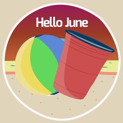 Illustration of hello june text with balloon and bucket at beach, copy space