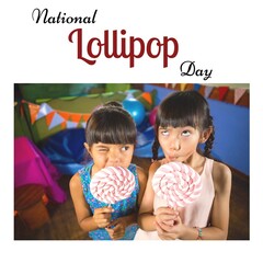 Nationale lolly-dagtekst met Aziatische meisjes die gezichten maken terwijl ze lolly& 39 s eten, kopieer ruimte