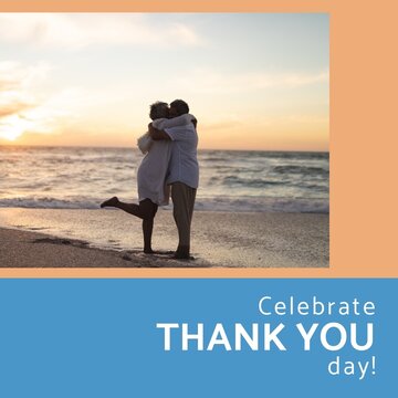Composite image of senior couple embracing at beach against sky and celebrate thank you day text