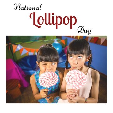 National lollipop day text with asian girls making faces while eating lollipops, copy space