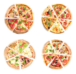 Set with slices of different tasty pizzas on white background, top view