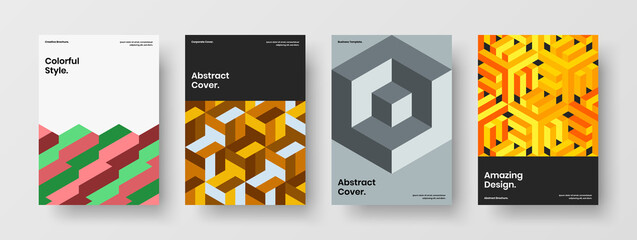 Naklejka premium Modern annual report A4 design vector layout composition. Colorful mosaic shapes journal cover concept set.