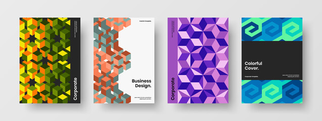 Isolated company brochure design vector layout bundle. Minimalistic geometric tiles corporate identity concept composition.