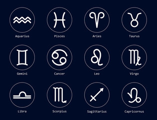 Set with 12 zodiac signs on dark blue background, illustration