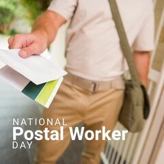 Midsection of caucasian delivery man holding envelopes with national postal worker day text
