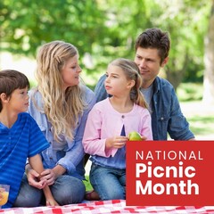 National picnic month text on caucasian family talking while sitting on picnic blanket at park