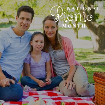 National picnic moth text over portrait of smiling caucasian family sitting on blanket at park