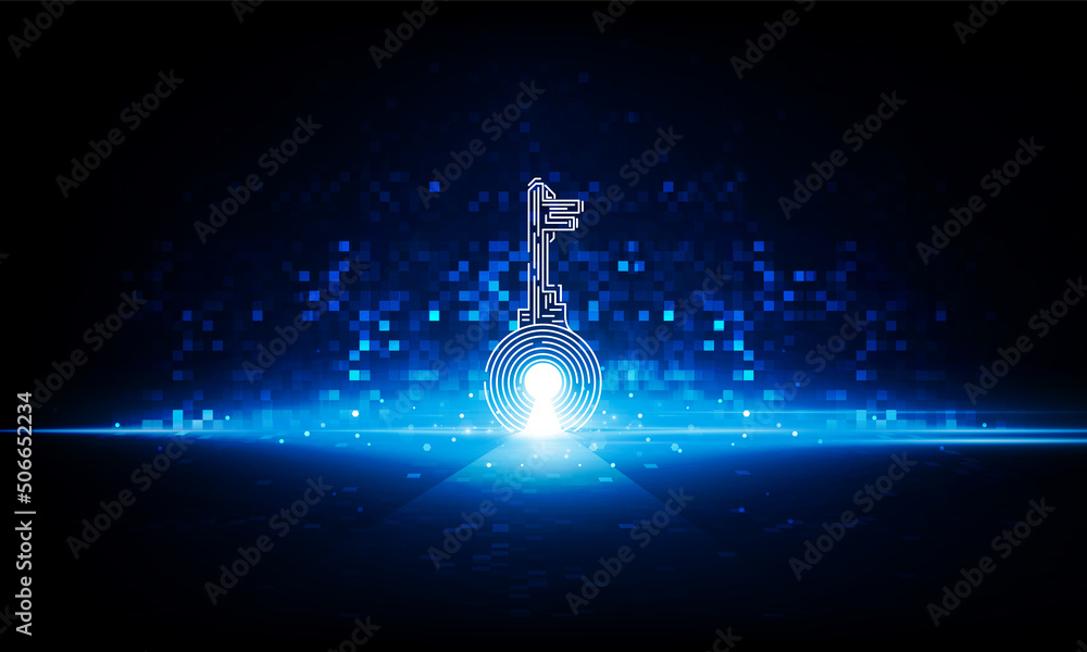 Poster abstract pixel key door open light out technology and question mark background hitech communication 