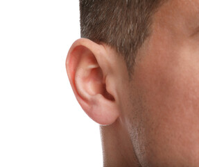 Naklejka premium Man on white background, closeup of ear