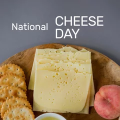 Foto op Plexiglas Composite of national cheese day text with various cheese arranged on board, copy space © vectorfusionart
