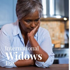 International widows day text with sad thoughtful african-american senior woman with hand on chin