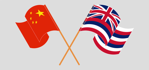 Fototapeta premium Crossed and waving flags of China and The State Of Hawaii