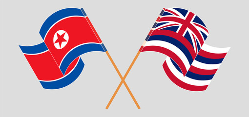 Crossed and waving flags of North Korea and The State Of Hawaii