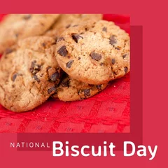 Fotobehang Digital composite image of chocolate chip biscuits on textile and national biscuit day text © vectorfusionart