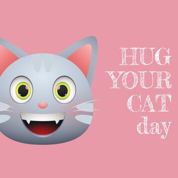 Illustration of hug your cat day text with happy cat against pink background, copy space