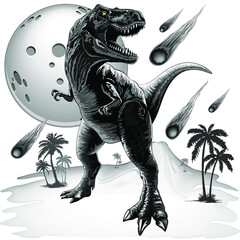 T-Rex Jurassic Dinosaurier, der im Mondlicht steht und Meteoriten um ihn herum fallen. Vektor-Illustration