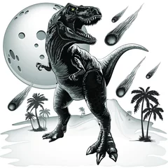 Fototapete Zeichnung T-Rex Jurassic Dinosaurier, der im Mondlicht steht und Meteoriten um ihn herum fallen. Vektor-Illustration