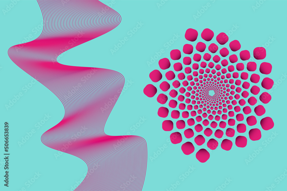 Poster a set of vectors for design. 3d tunnel. pink twisted tunnel of geometric shapes and a sinuous wave. 