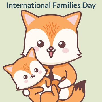 Illustration of international families day text with cat and kitten against green background