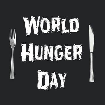 Illustration of fork and table knife with world hunger day text on black background, copy space