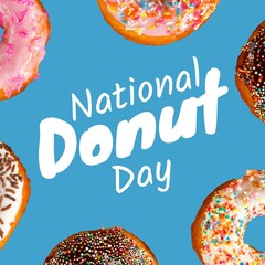 Digital composite image of national donut day text amidst sweets over blue background