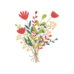 Bouquet of wild flowers tied with thread. Colorful vector isolated illustration hand drawn. Holiday gift, card or print