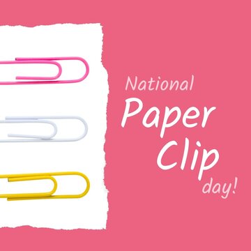 Illustration of colorful paperclips on paper with national paperclip day text, copy space