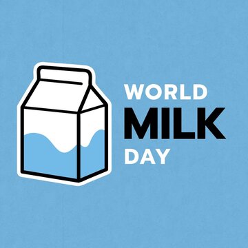 Digital composite image of world milk day text by milk carton on blue background