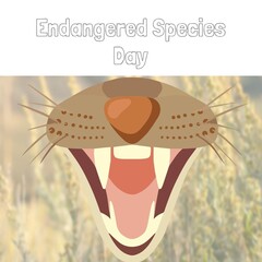 Composite of tiger mouth against tree trunk and endangered species day text on white background