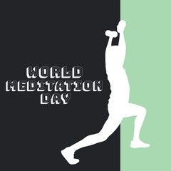 Illustration of person lifting dumbbells and world meditation day text against colorful background